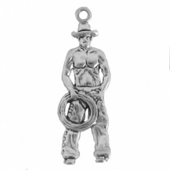 Sterling Silver 24" .8mm Box Chain Large Cowboy Shirt Off Holding Rope Pendant Necklace