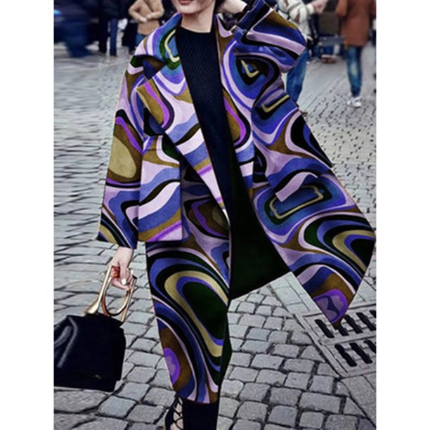 Chaqueta y abrigo informal de manga larga sin capucha para mujer, con estampado de lana y bolsillo, con solapa y manga larga