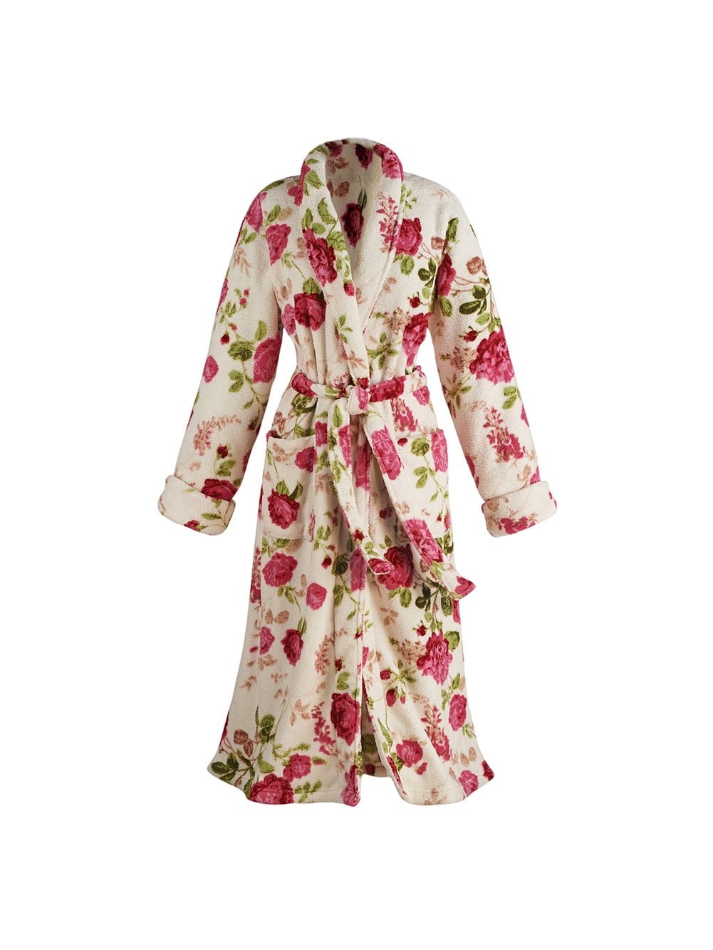 Catalog Classics Women's Rose Print Long Robe Floral Shawl Collar