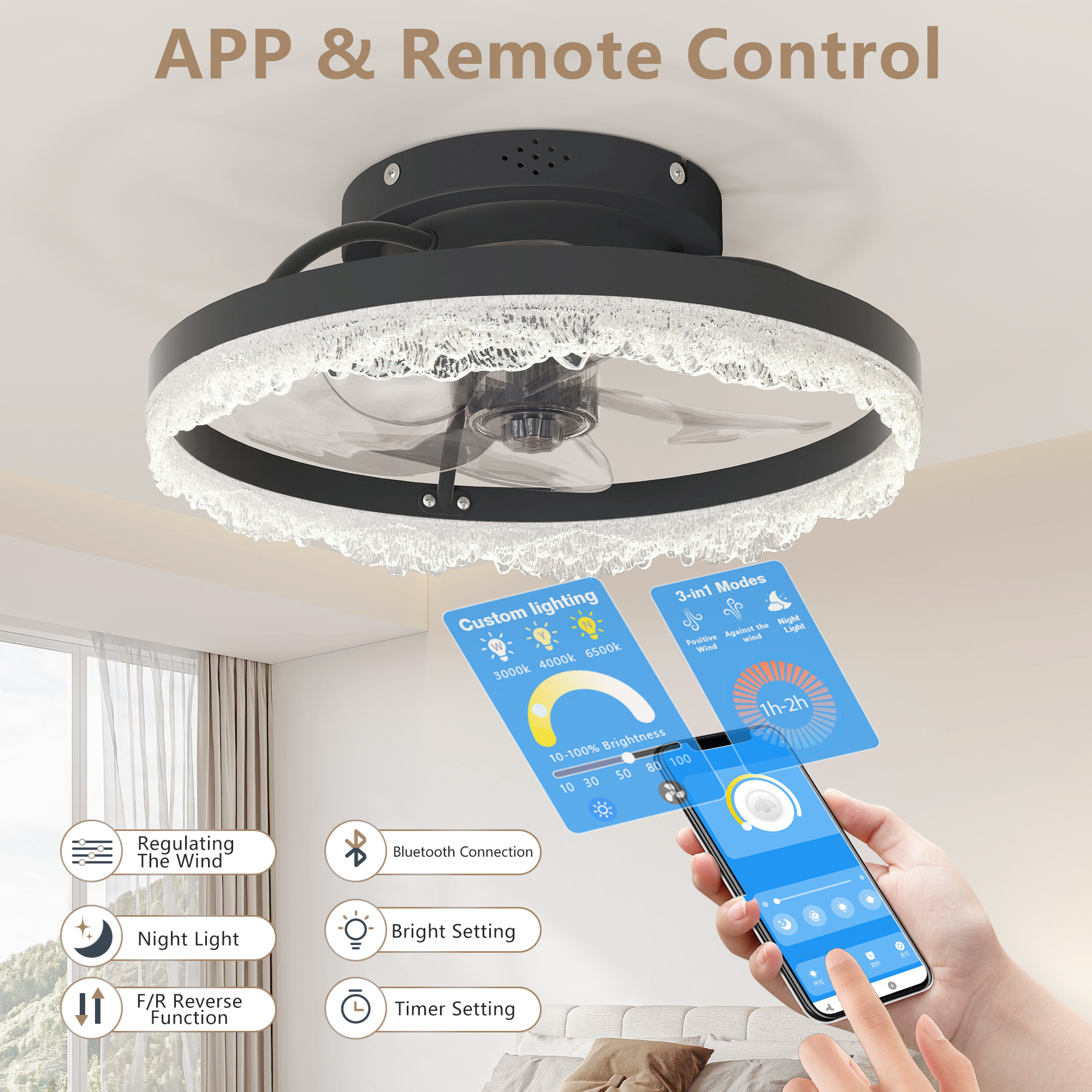 Leumius 16" Decorative LED Ceiling Fan Light, Modern Flush Mount with Acrylic Ring, Hidden Blades, Remote Control and Dimmable Light for Bedroom, Kids Room, Study Room (Black)