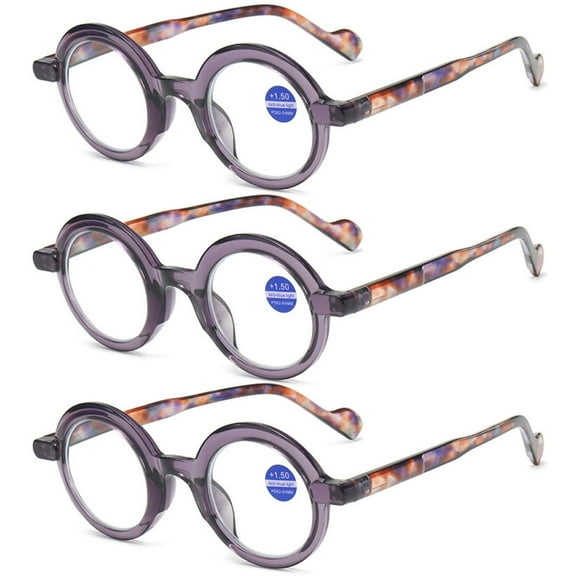3 Pairs of Gray Purple Frame Floral Temple Classic Round Blue Light Blocking Reading Glasses 1.00 Stylish Trendy Readers  1.00 for Women Men