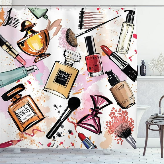 Fashion Shower Curtain, Cosmetic and Makeup Theme Pattern Perfume Lipstick Nail Polish Brush Modern, Cloth Fabric Bathroom Decor Set with Hooks, 60" W x 72" L