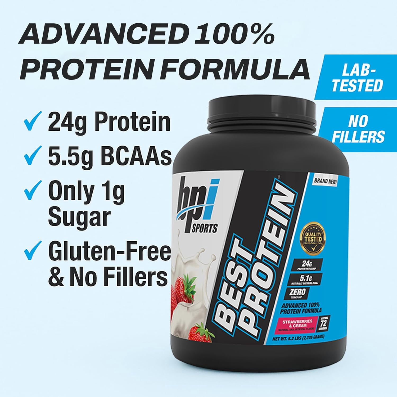 BPI Sports Best Protein Powder, 100% Whey Blend for Muscle Growth & Recovery, Strawberries & Cream, 5.2 lbs (72 Servings)
