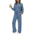 thumbnail image 4 of AHTJRT Women's Tracksuits Striped Crewneck Long Sleeve Tops Drawstrings Side Slit Pants 2 Pieces Athletic Sets Casual Fall Spring Sweatsuits Navy S, 4 of 6