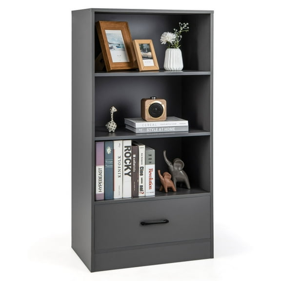 4-Tier Storage Bookcase with Open Shelves Drawer and Anti-toppling Device