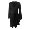 thumbnail image 5 of qolati Women's Wrap V Neck Dress 2023 Long Sleeve Tie Waist Ruffle Hem Cocktail Dress Elegant Wedding Guest Party Swing Mini Dresses, 5 of 6