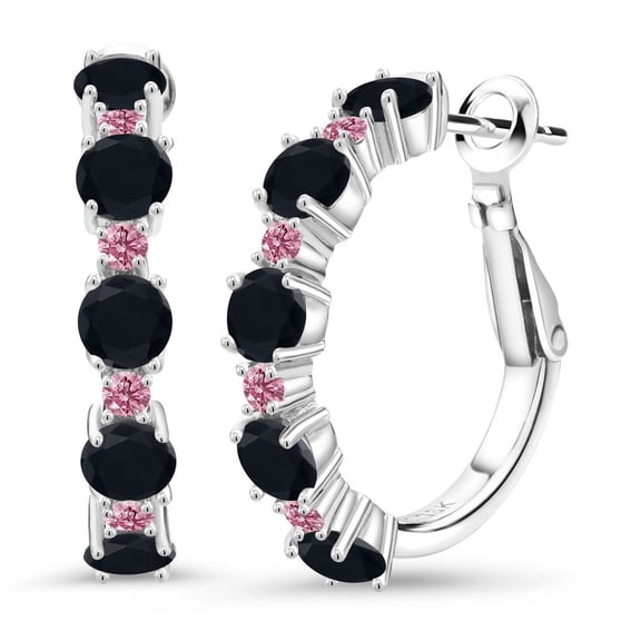 Gem Stone King 925 Sterling Silver Black Onyx and Pink Lab Grown Diamond Hoop Earrings for Women (2.50 Cttw, Round 4MM and 1.9MM, Gemstone Birthstone 1 inch Diameter)