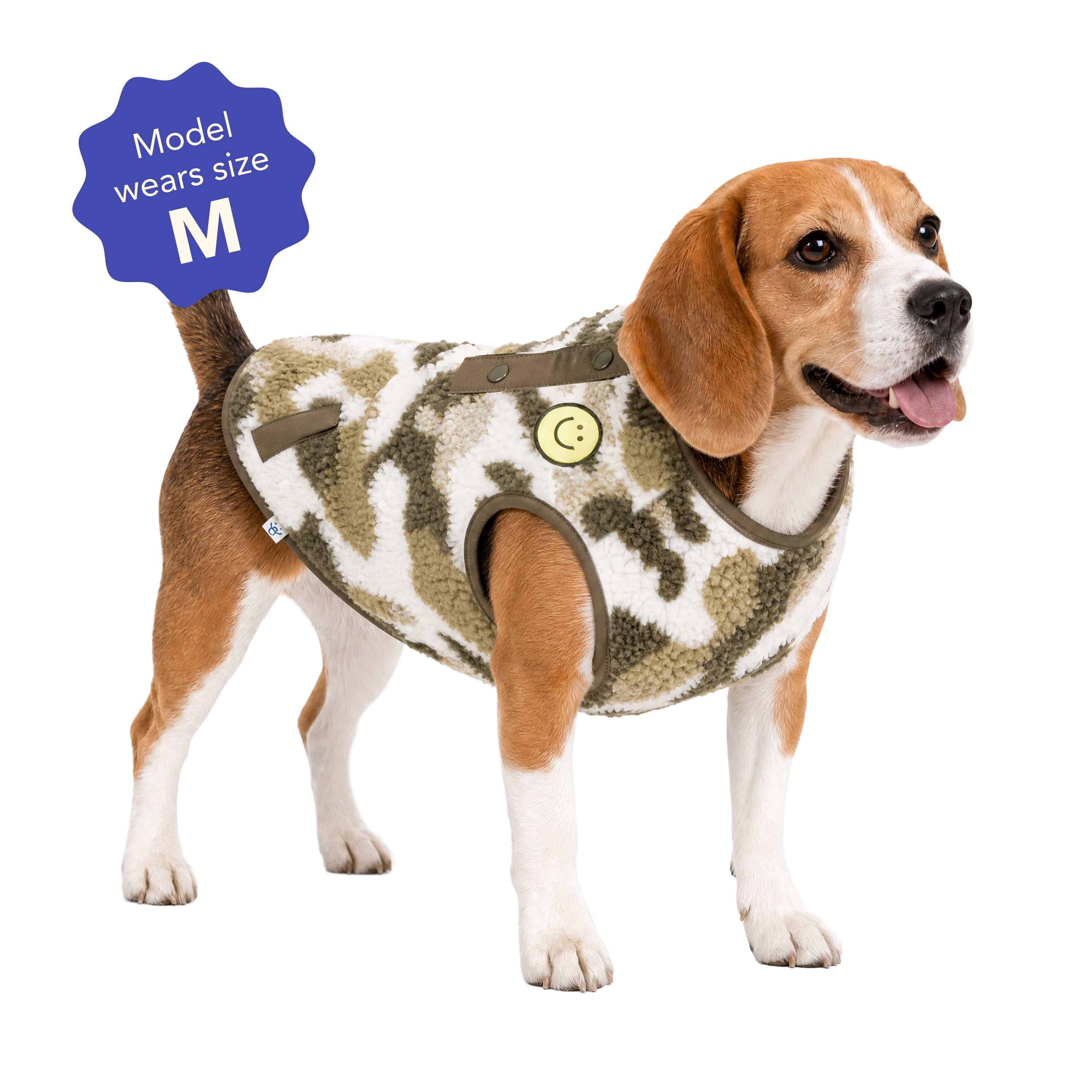 Oodles Smiley Face Fall Camo Sherpa Dog Jacket, Green, Medium