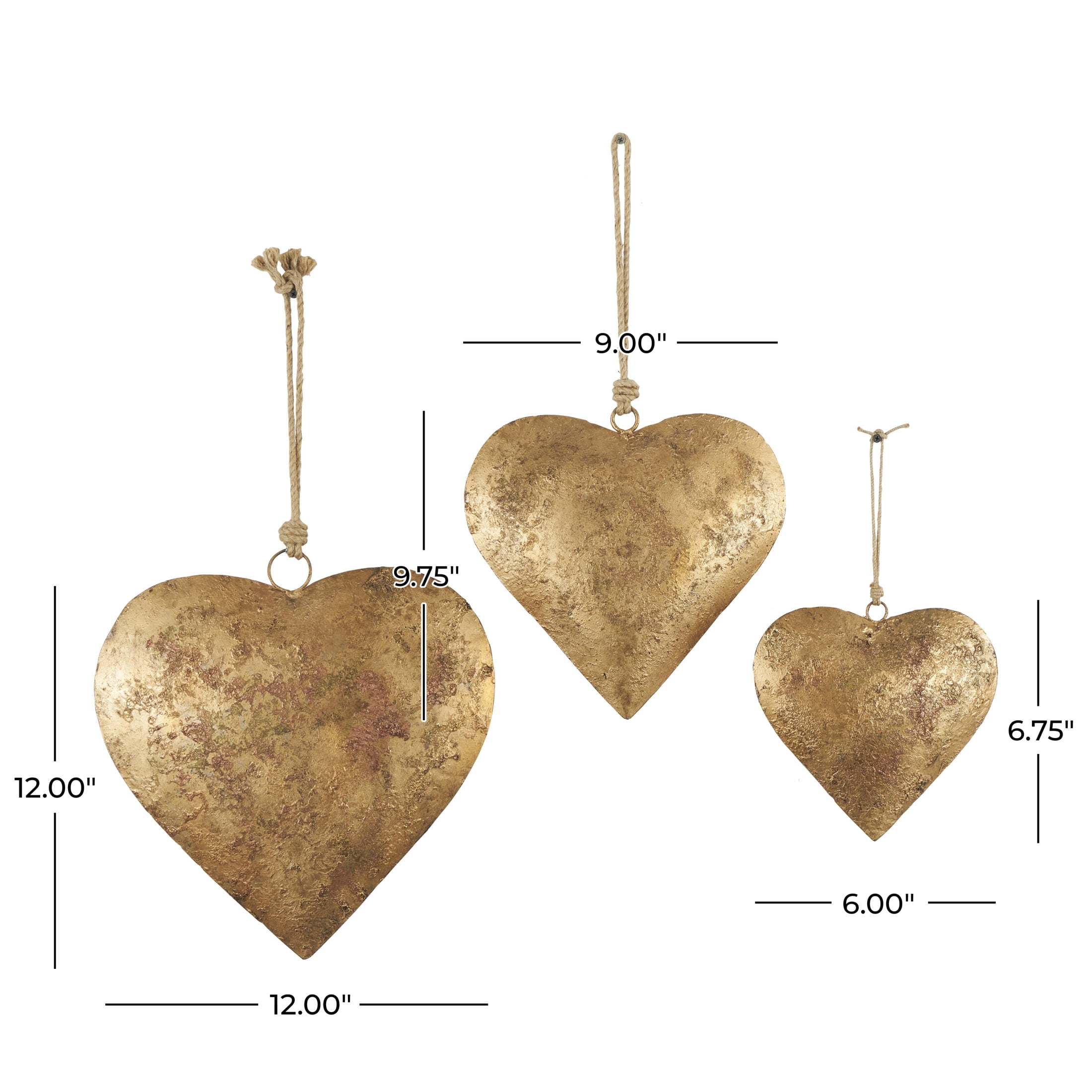 DecMode Tibetan Inspired Gold Metal Heart Decorative Bells with Jute Hanging Rope, 3 Count