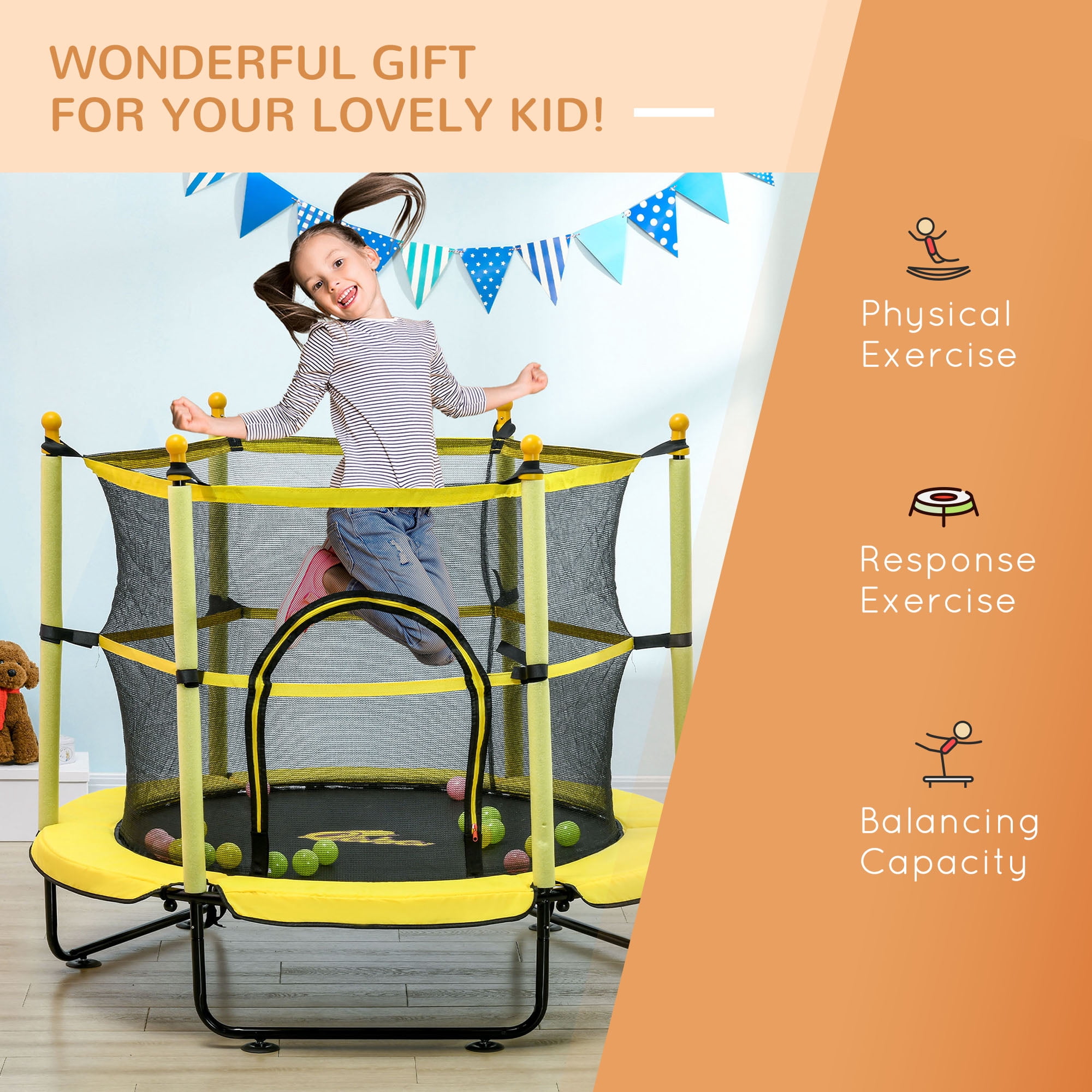 Qaba Trampoline for Kids with Safety Enclosure & Ball Pit, Yellow, 55.00" x 55.00" x 47.25"
