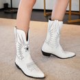thumbnail image 2 of Embroidery Cowboy Boots for Women White Black Leather Mid Calf Chunky Heel Pointed Toe Pull on Long Booties, 2 of 7