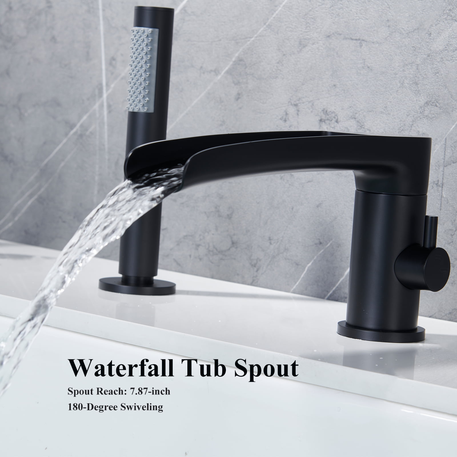Roman Bathtub Faucet with Sprayer Deck Mount 3-Hole Tub Filler Faucet, Black Waterfall Roman Tub Faucet with Valve Included