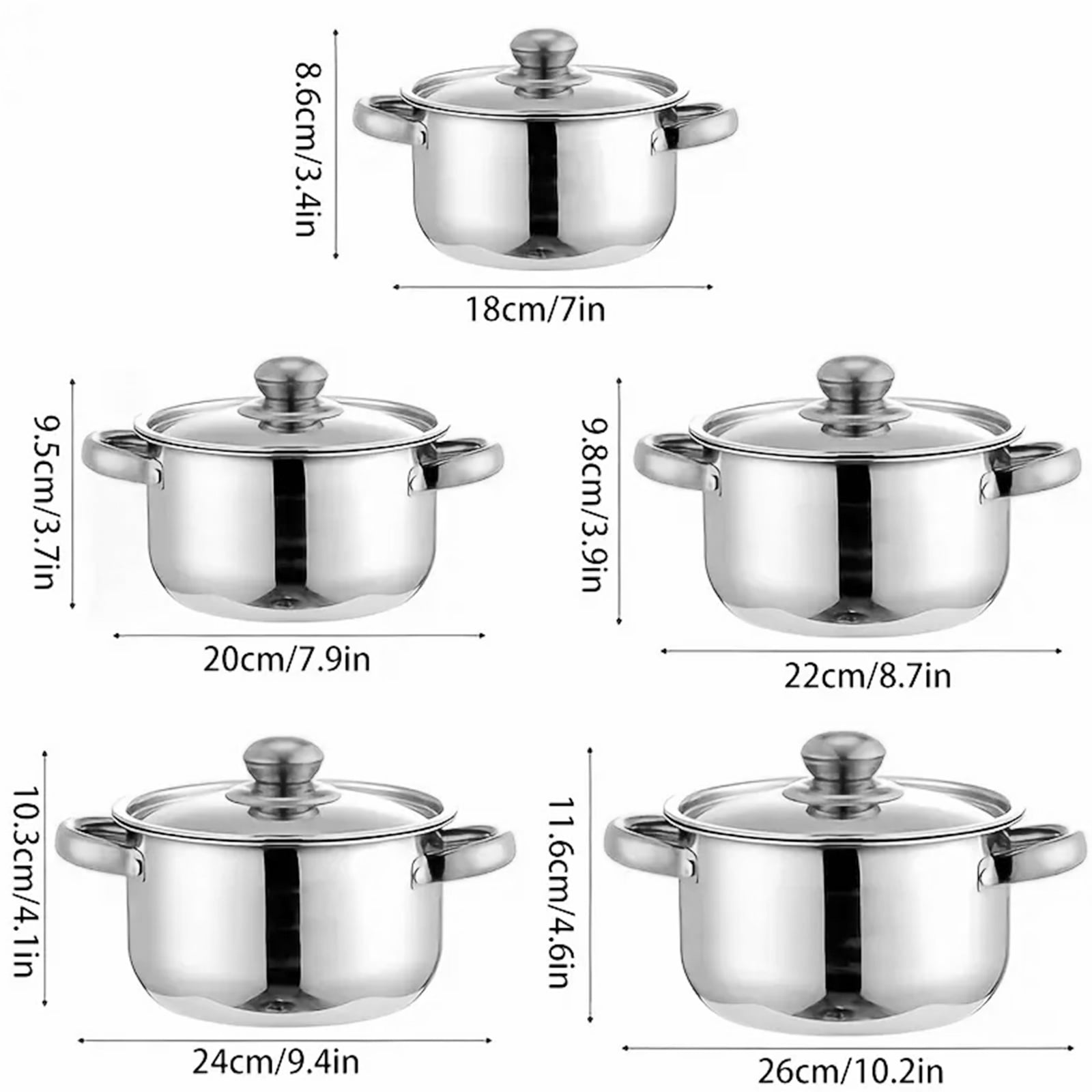 Leyeet Home Kitchen Cookware Sets, 10 Pcs Non Stick Stainless Steel Soup Pot Set, Double Handle Soup Pot with Lids, Large Saucepan Compatible with All Cooktops for Gas, Electric and Induction