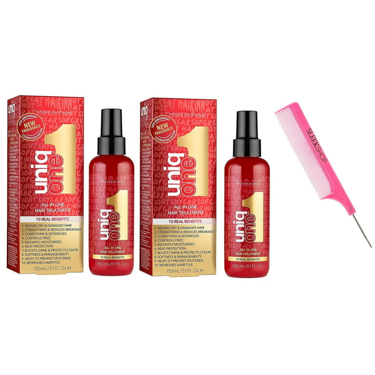 Revlon Uniq ONE 1 , UNIQONE Hair Treatment, NEWEST VERSION for 2023-2024,  Unique One Shine Silkiness Hair Serum (w/ SLEEKSHOP Pink Comb) (Original  (All in One) 5.1 oz - (PACK OF 2))