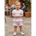 thumbnail image 6 of BemeyourBBs Toddler Baby Girls Summer Clothes Infant Baby Girl Summer Beach 2 Piece Outfits Cute Sun Castle Embroidery Short Sleeve T Shirt Tops and Ruffled Plaid Shorts Set, 6 of 9