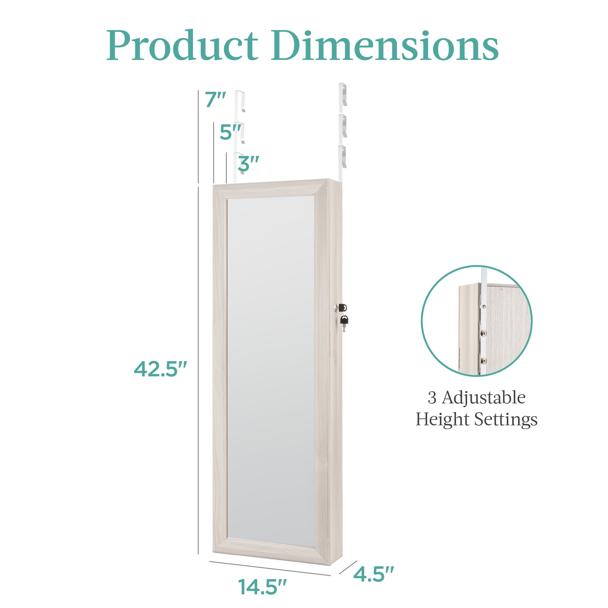 Best Choice Products Hanging Mirror Jewelry Armoire, Door or Wall Mounted Cabinet w/ LED Lights, Lock - Coastal White
