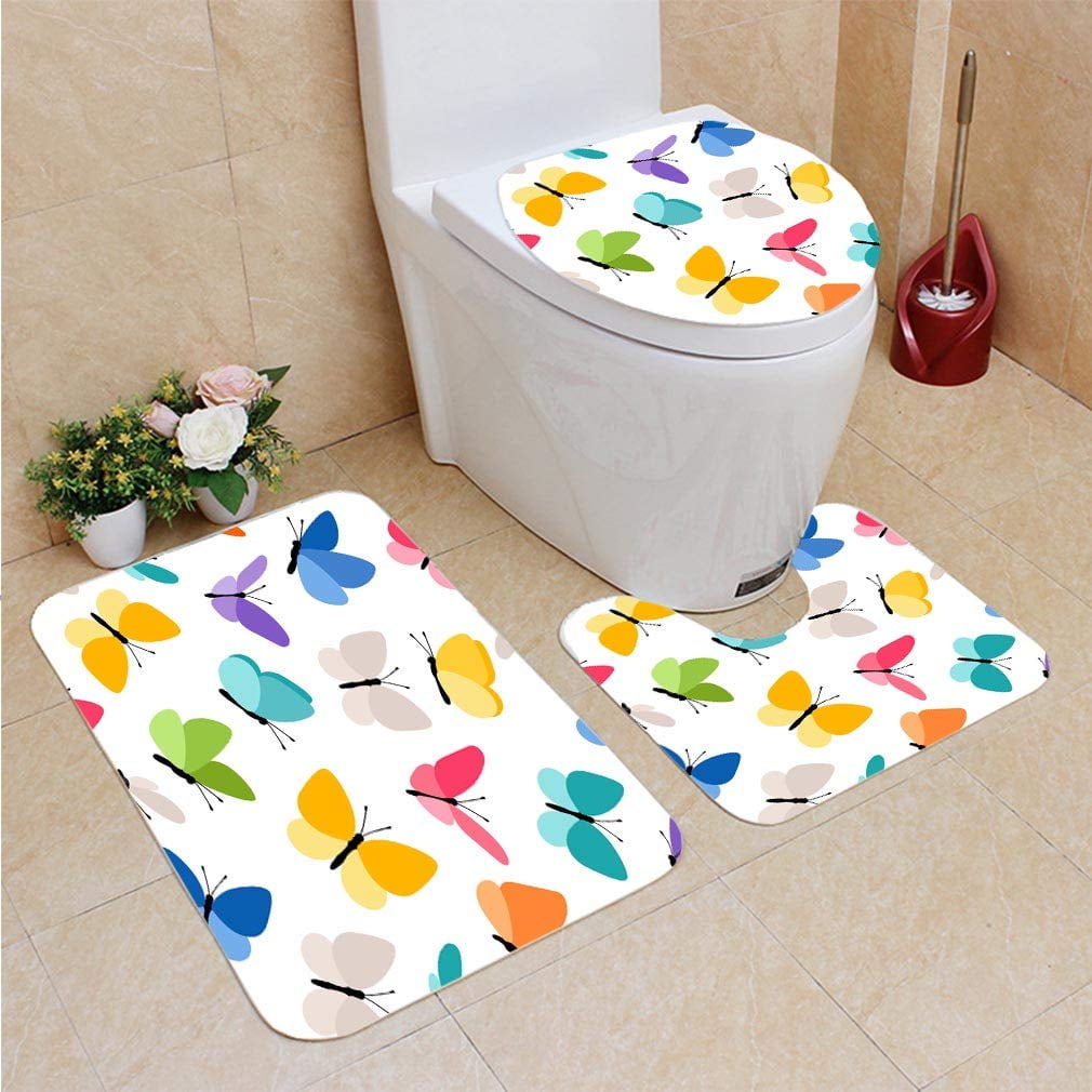 CHAPLLE Cute Seamless Butterfly 3 Piece Bathroom Rugs Set Bath Rug ...