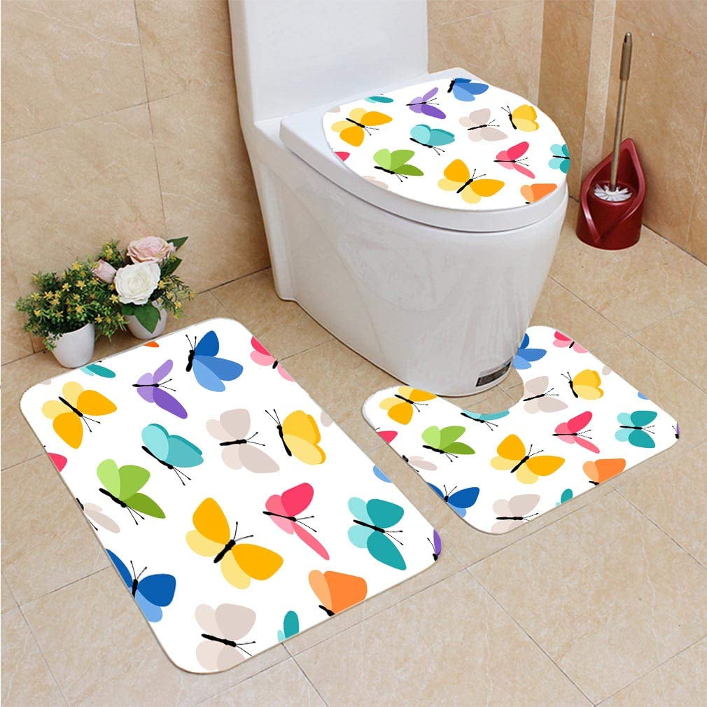 CHAPLLE Cute Seamless Butterfly 3 Piece Bathroom Rugs Set Bath Rug