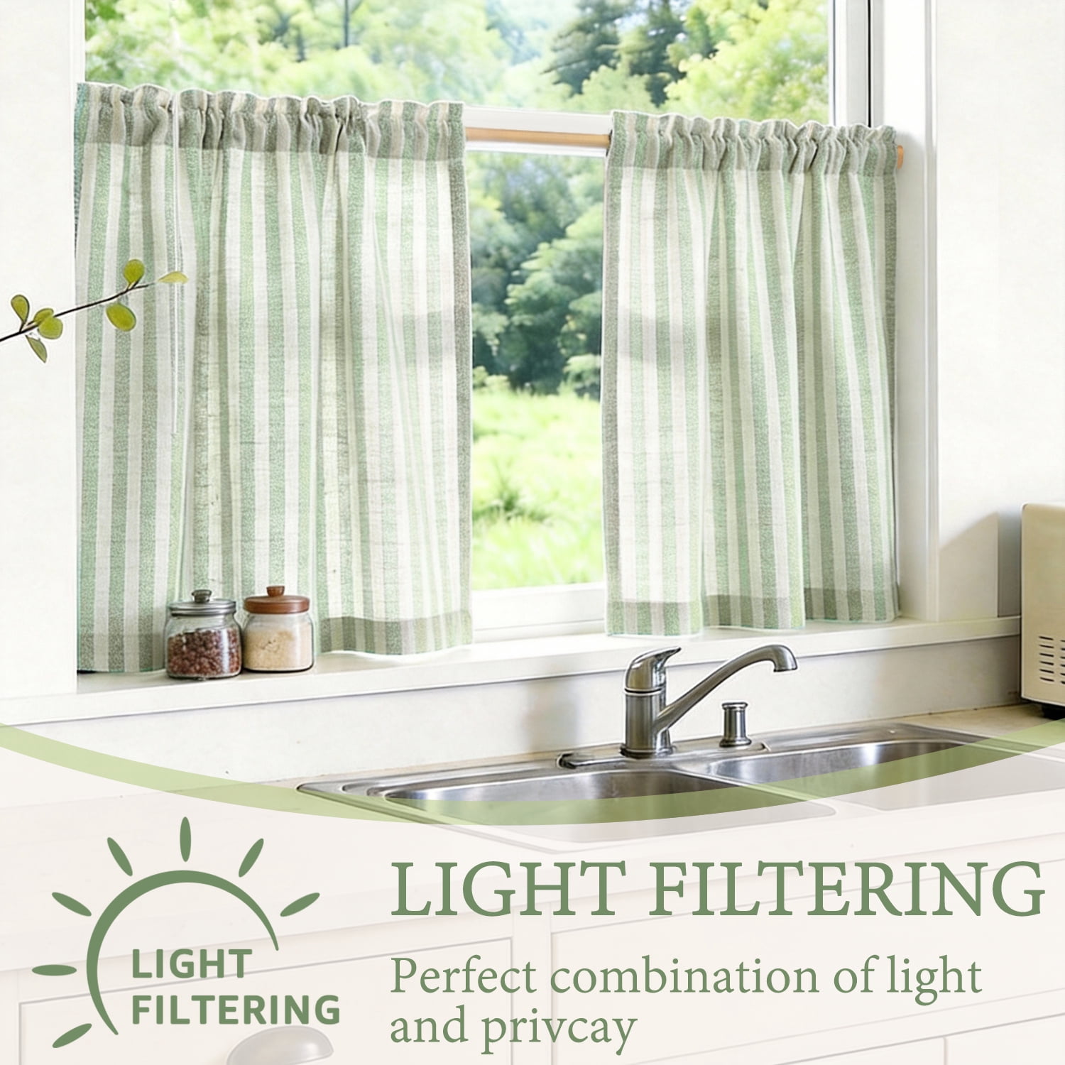 TOPICK Striped Kitchen Curtains and Valance Set 36 Inch Small Linen Curtains for Cafe Living Room Bathroom Farmhouse 3 Pieces Set Rod Pocket Green