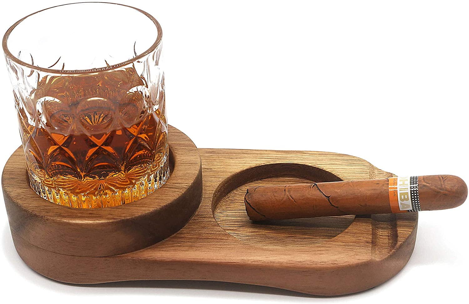 KOVOT Cigar Ashtray and Whiskey Glass Tray – Exquisite Rustic Wooden Tray  with Cocktail Glass Coaster – Wood Cigar Ashtray with Slot to Hold Cigar –  Accessory Set Gift for Men Christmas