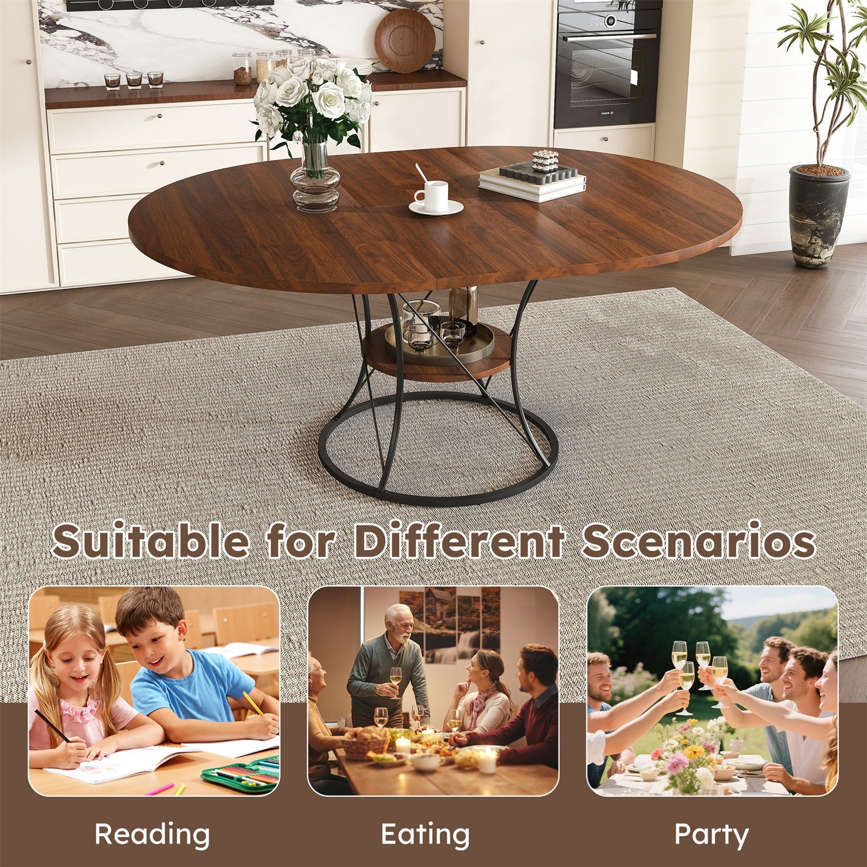 Alvantor Extendable Round Dining Table for 4-6 People, Modern Wood Farmhouse Table with Storage Shelf & Metal Base Perfect for Small Space Walnut
