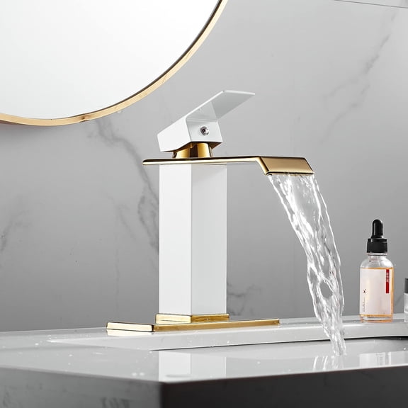 Bathroom Faucet Gold Spout Waterfall White Body Single Hole 1 Handle Bathroom Vanity Sink Faucet with Deck Plate and Pop Up Drain Stopper Overflow Brass Basin Mix Tap Deck Mount