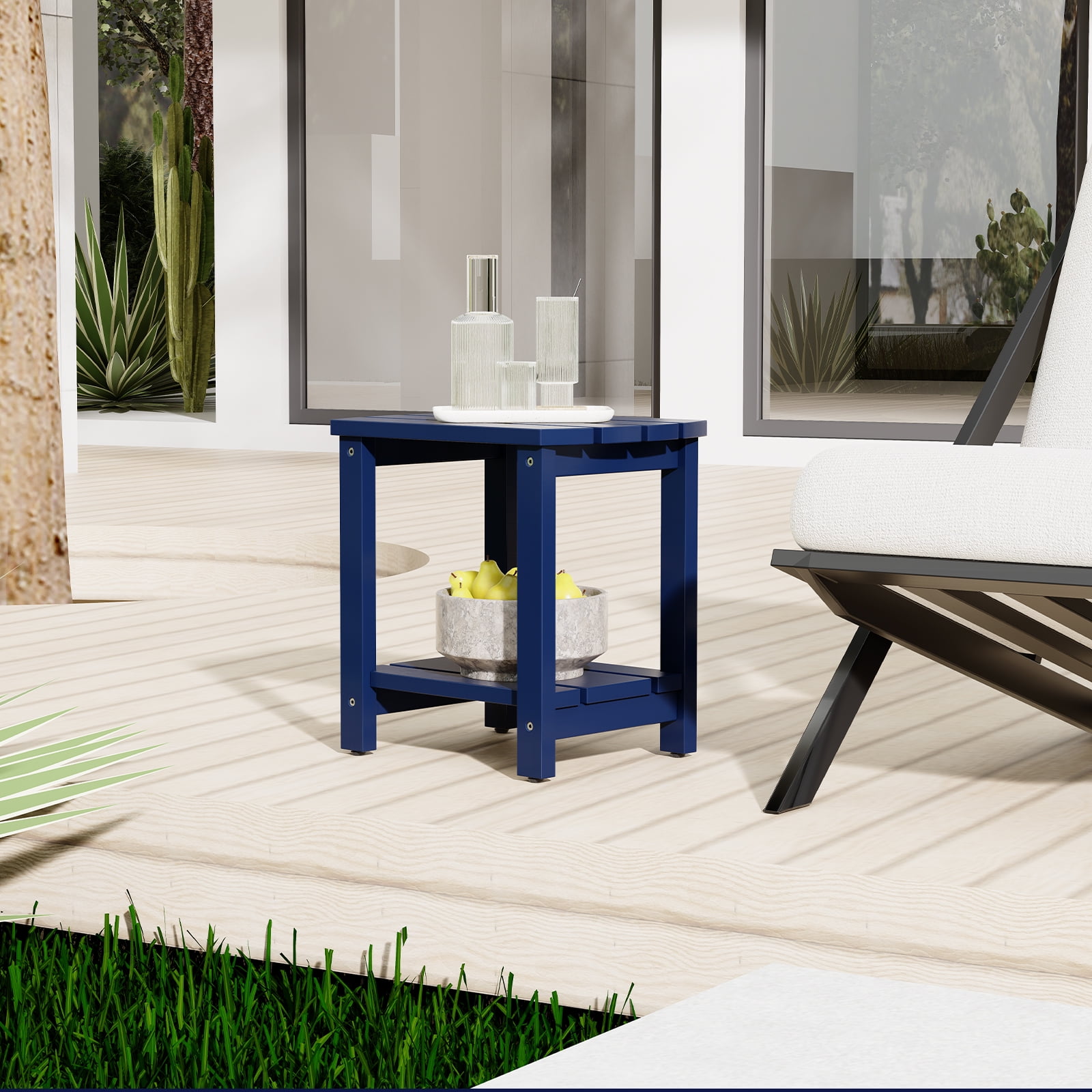 Indoor Outdoor Mid-Century Weather-Resistant Pine Wood Rectangle End Table, Navy Blue (2PCS)