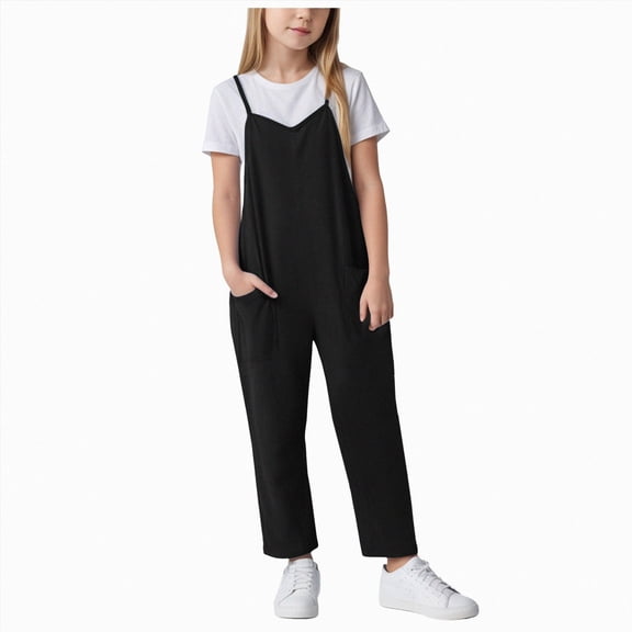 Kogui Girl Romper Girls Overalls Kids Casual Sleeveless Jumpsuit One Piece Rompers with Pockets Size 11-12 (Black,11-12 Years)