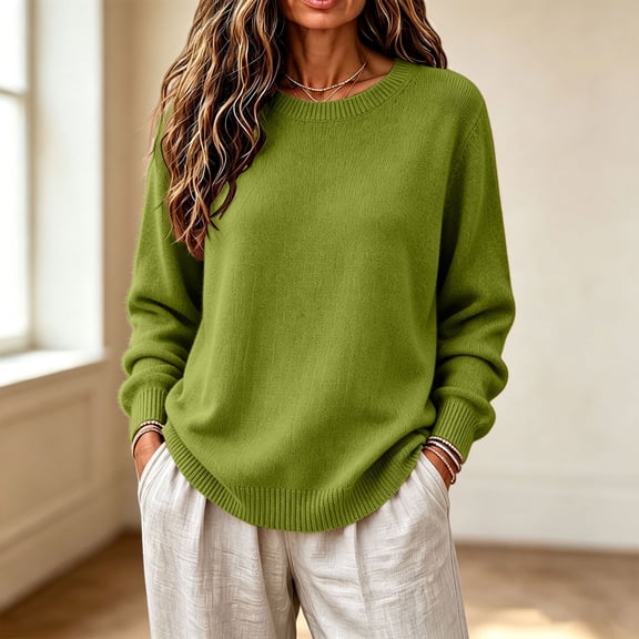 Harpily Women's Sweaters Solid color Crew Neck Long Sleeve Shirts Knit Casual Trendy Fall Outfits for Women Fashion Clothing