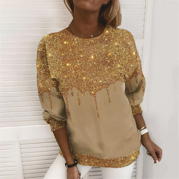 Gold Young Adult Tops Women's Pullover Jacket Fashion Casual Sweatshirt Long Sleeve Printed Round Neck Shirt Waist Slimming Plus Size Tops for Women