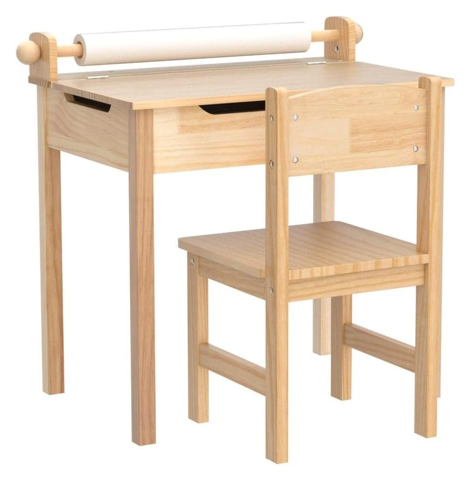 Kids Activity Table Set with Paper Roll Holder and Pen Slot, 21" x 13.5" x 7", Natural 1