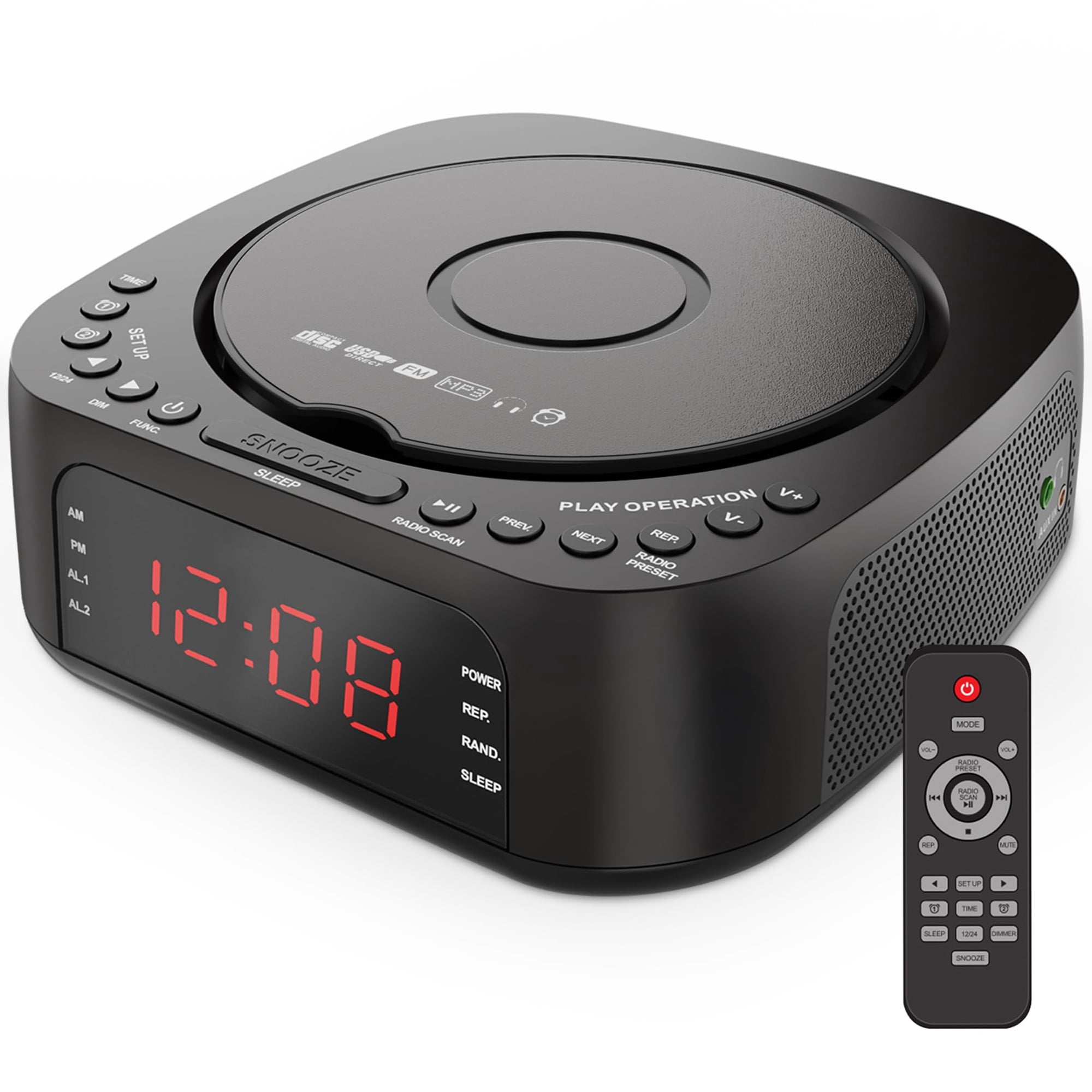 Nidemao CD Player Alarm Clock with Remote Control, Bluetooth MP3 Player, FM Radio, USB Charging, Dual Alarm, Dimmable Display for Bedroom