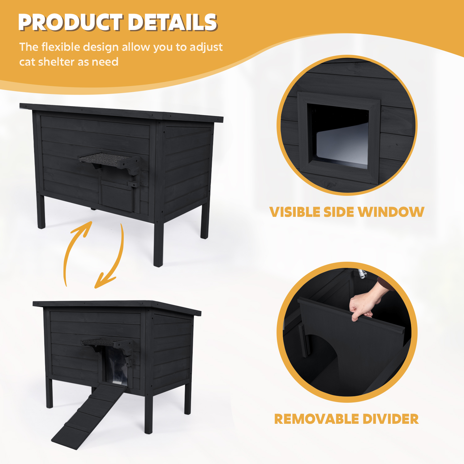 Hidpriva Insulated Wooden Outdoor Cat House, Weather-Resistant Feral Cat Shelter for Winter w/ Foldable Ladder & Visible Window, Black