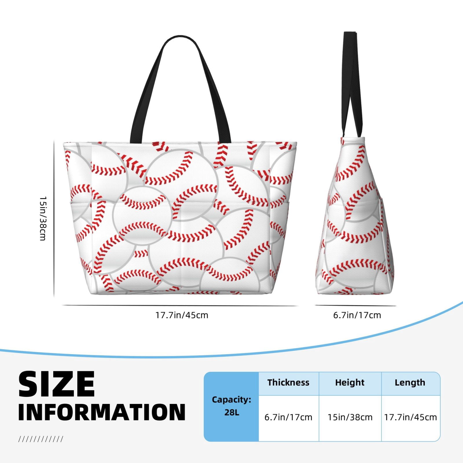 Horeoi Baseballs Print Large Capacity Beach Travel Bag Waterproof Polyester with Multiple Pockets for Beach Camping Gym