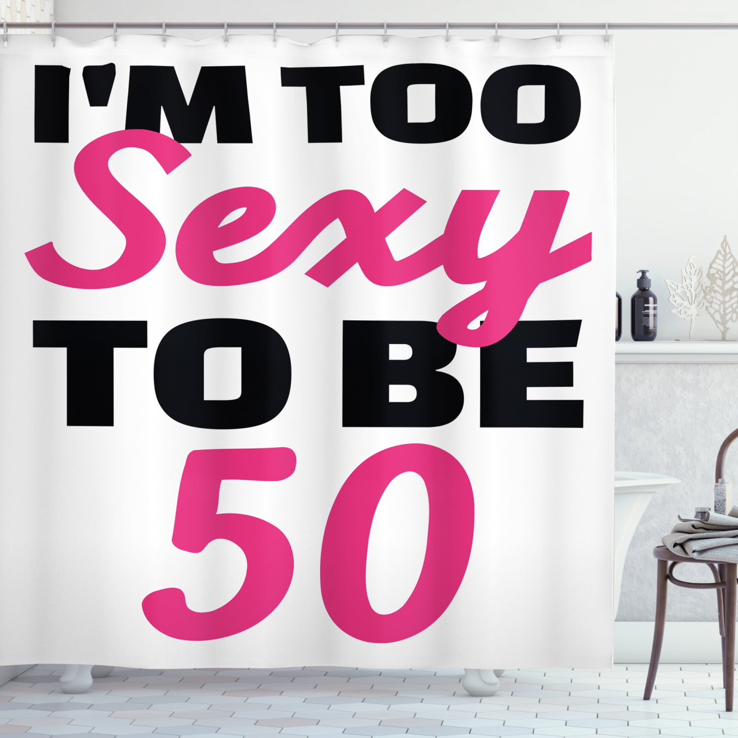 50th Birthday Decorations Shower Curtain, Too Sexy To Be Fifty Funny  Pictogram with Hand Writing, Fabric Bathroom Set with Hooks, 69W X 70L  Inches, Pink Black White, by Ambesonne 