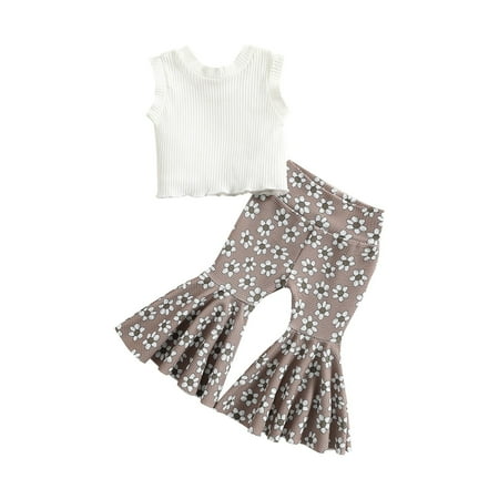 

TAIAOJING Baby Girl Summer Cute Outfits Toddler Kids Children White Suspender Doll Shirt Brown Small Floral Flare Pants Casual Suit Clothes Set 18-24 Months