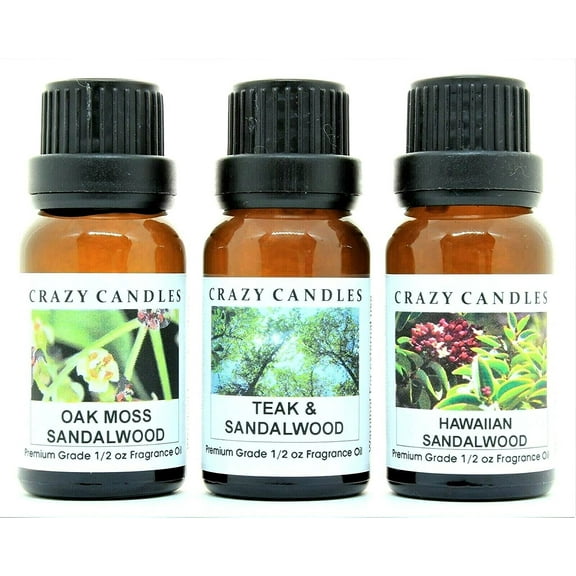 Crazy Candles 3 Bottles Set, 1 Hawaiian Sandalwood, 1 Oakmoss Sandalwood, 1 Teak & Sandalwood 1/2 Fl Oz Each (15ml) Premium Grade Scented Fragrance Oils Made in USA