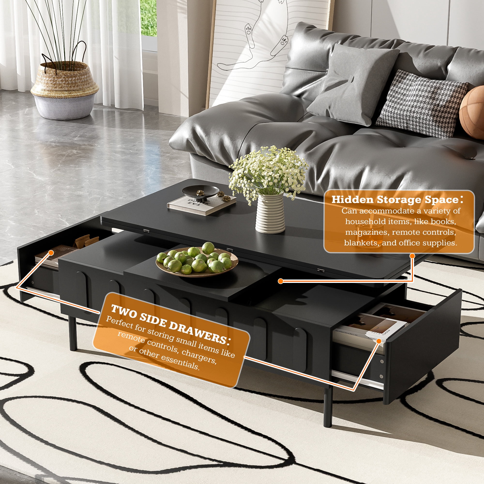 Euroco Modern Lift-Top Convertible Coffee Table – Multifunctional Workstation, Dining & Storage Table for Small Spaces