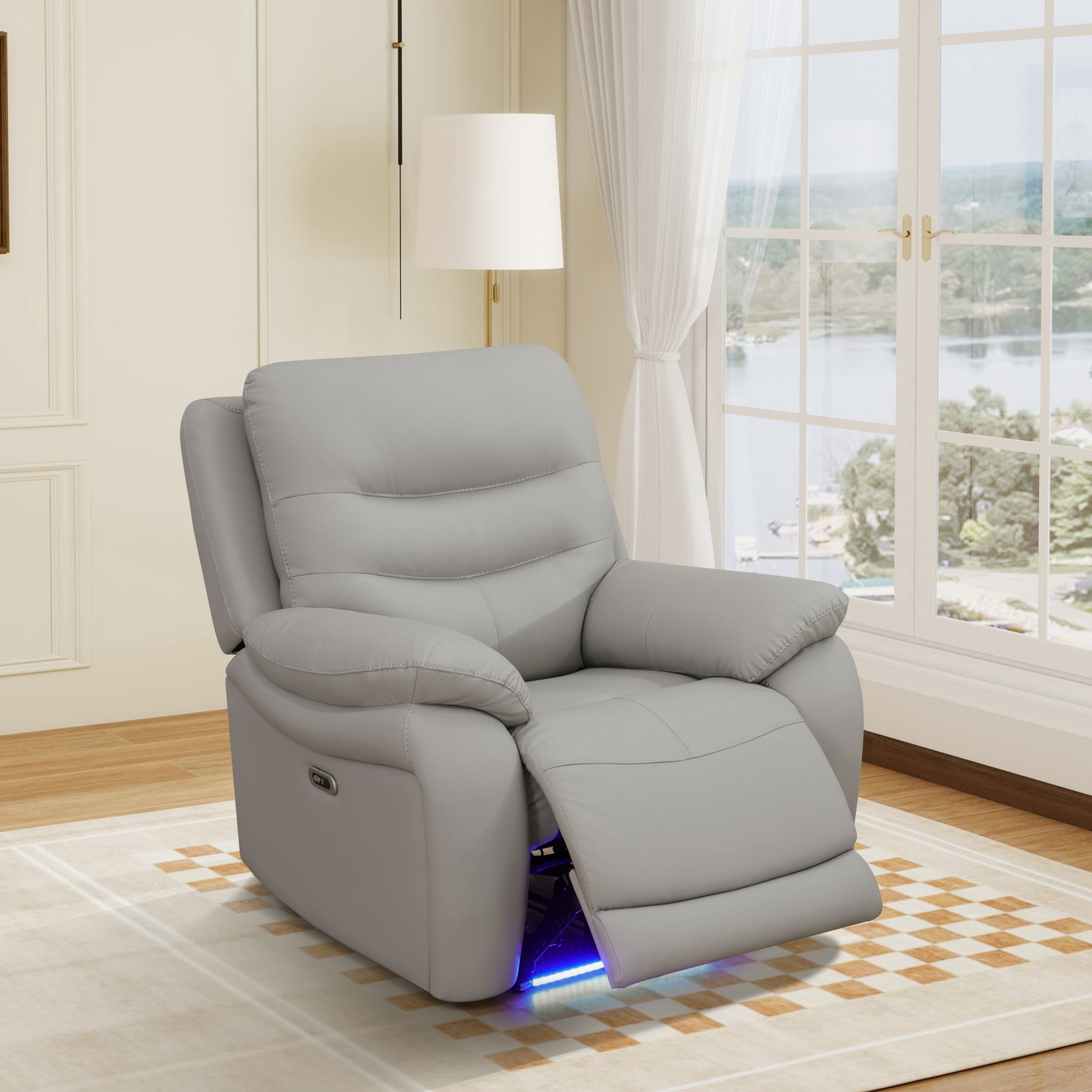 Gewnee Power Recliner Chair, Adjustable Reclining Lounge Chair with USB Ports, LED Lights, Air Leather Upholstered Single Sofa Recliner for Living Room, Office, Light Gray