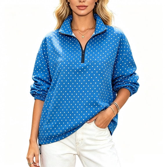 Achuyrbd Petite Women's Half Zip Polka Dot Sweatshirt, Lightweight Long Sleeve Pullover with Elastic Cuffs, Casual Stand Collar Top, S-L