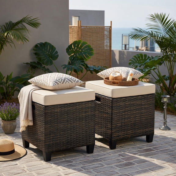 Topcobe 2 Pieces Patio Rattan Ottoman Set with Removable Cushions, Outdoor Patio Furniture Set, Beige