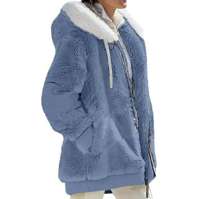 Innerwin Outwear Open Front Women Hooded Cardigan Winter Solid Color Warm Fuzzy Fleece Jacket Blue XL