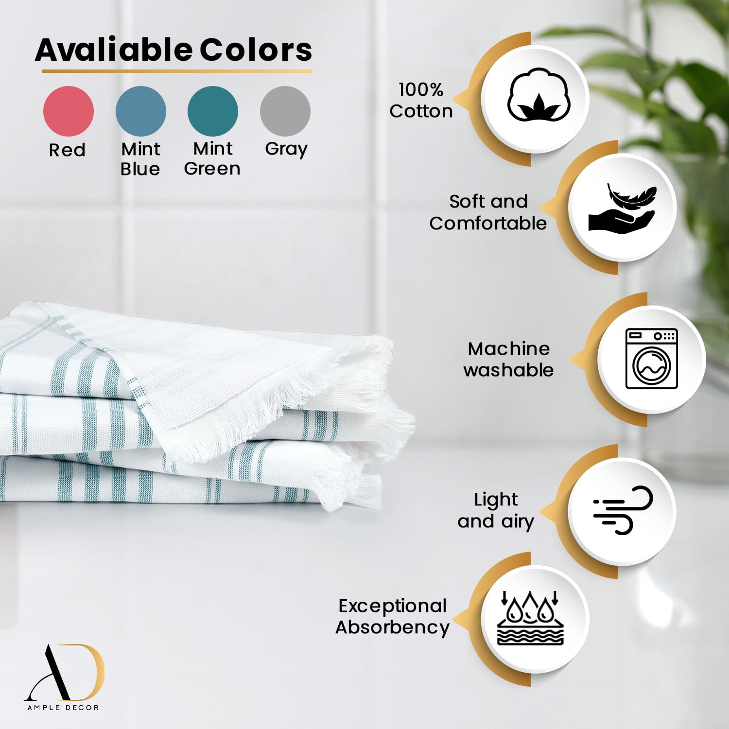 Ample Decor Hammam Hand Towel for Kitchen 100% Cotton 16X28 inch -4pcs Mint Green