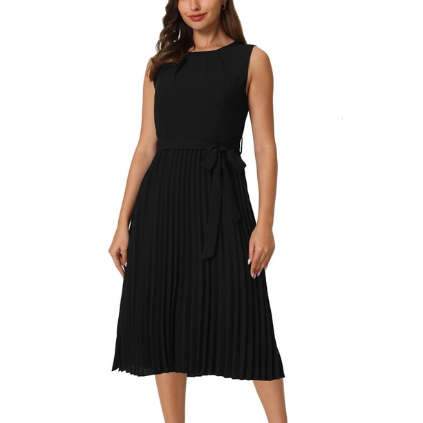 Vestido sin mangas plisado para mujer Inspire Chic, con cinturón, casual, de oficina, corte A, talla XL, negro