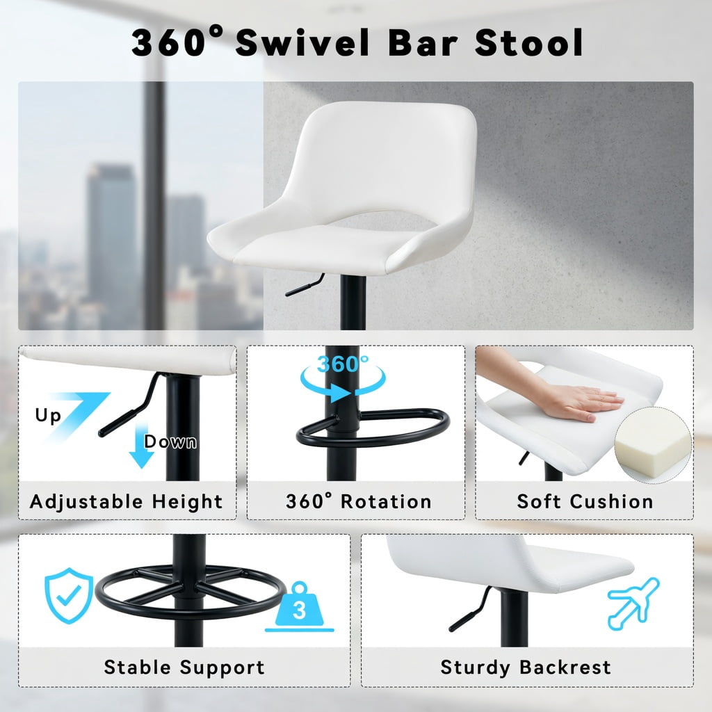 Hommoo 2-Pack Modern Adjustable Swivel Bar Stools, White PU Leather & Metal, 360° Rotation, Height-Adjustable, Footrest, Ideal for Kitchen Islands & Home Bars, White