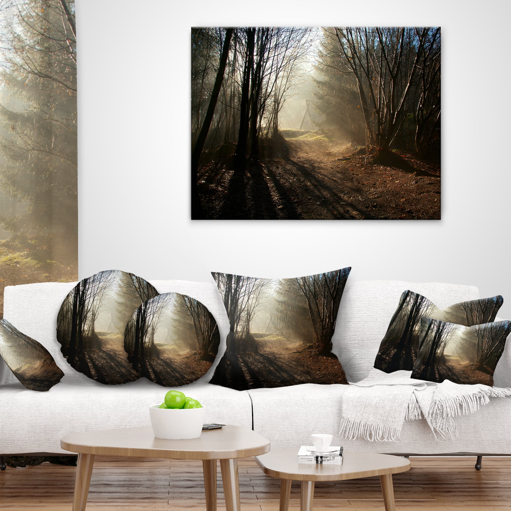 Designart Dark Path in Fall Foggy Forest - Landscape Photography Throw Pillow - 16x16
