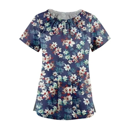 

XHJUN Womens Scrub Tops Cheap Cute Printed Scrub Tops Women Tie V-Neck Working Uniform T-Shirt with Pockets Dark Blue L