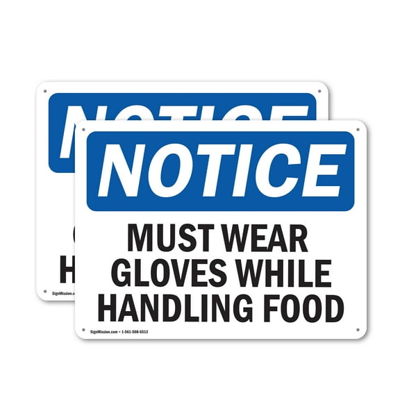 (2 Pack) Must Wear Gloves While Handling Food OSHA Notice Sign 14 Inch X 10 Inch Indoor / Outdoor Rust-Free Aluminum Metal Signs for Workplace, Workshop, and Construction Site, Made in