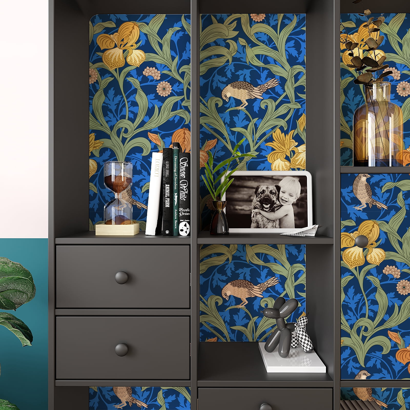 VEELIKE 17.7''x354'' Blue Bird Damask Vintage Floral Wallpaper for Bedroom Peel and Stick Wallpaper Boho Removable Self Adhesive Flower Wall Mural Blue Floral Contact Paper for Cabinets Drawers