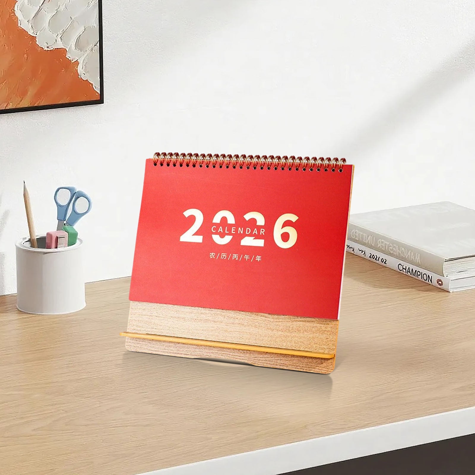 Desk Calendar 2026, Mini Horizontal Desktop Calendar with Stand, 2026 Chinese Year Gift, Office Desk Organizer, Thick Paper, Stable Triangular Base, Flat Lay Binding, Festive Red Decoration